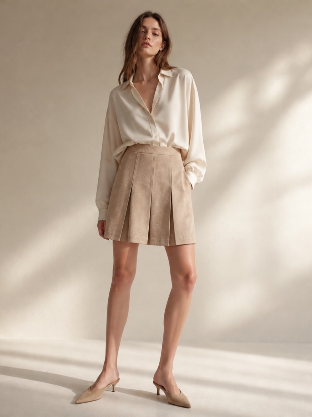 Ann Taylor LOFT Suede Pleated Mini Skirt in Brown Size 12 Academia Quiet Luxury
